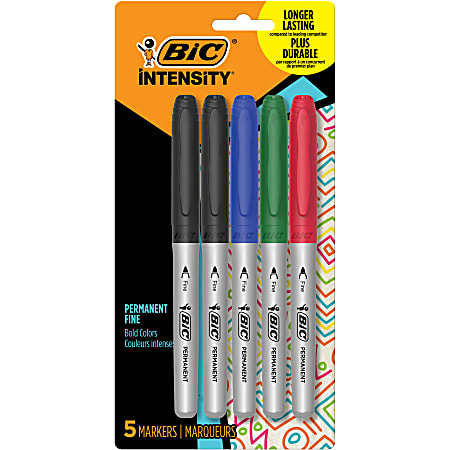 BIC Intensity Permanent Markers, Fine Point, Assorted Colors, Pack Of 5