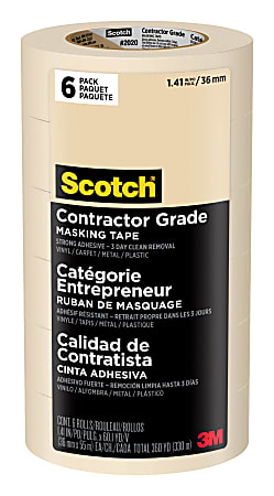 Scotch® Contractor Grade Masking Tape, Removable, 6 Tape Rolls, 1.41 in x 60.1 yd, 3" Core, White