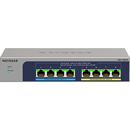 Netgear 8-port Ultra60 PoE++ Multi-Gigabit (2.5G) Ethernet Plus Switch - 8 Ports - 2.5 Gigabit Ethernet - 2.5GBase-T - 3 Layer Supported - 270.50 W Power Consumption - 230 W PoE Budget - Twisted Pair - PoE Ports - Wall Mountable, Desktop