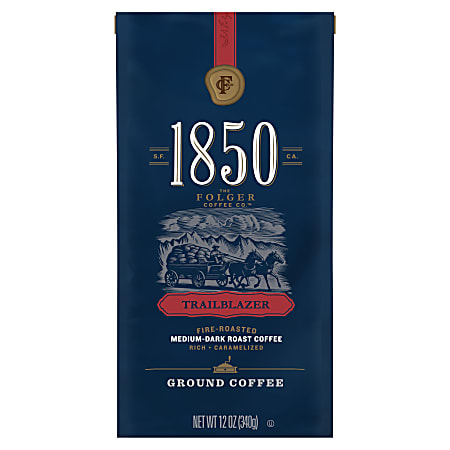 Folgers® 1850 Ground Coffee, Medium-Dark Roast, TraiLb Perlazer, 12 Oz Per Bag, Carton Of 6 Bags