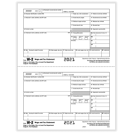 ComplyRight™ W-2 Tax Forms, 2-Up, Employer’s Copy D And/Or State, City Or Local Copy 2, 8-1/2” x 11”, White, Pack Of 100 Forms