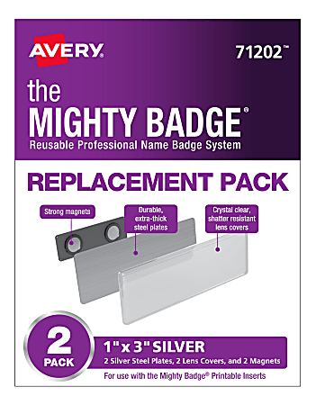 Avery® 71202 The Mighty Badge Professional Replacement Name Badges, 1" x 3", Silver, Pack Of 2 Badges