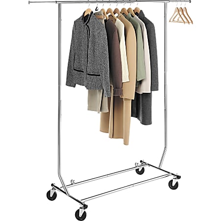 Whitmor Folding Garment Rack 70.5 Height x 73 Width x 22 Depth Durable Lightweight Built in Wheels Adjustable Chrome Steel Office Depot