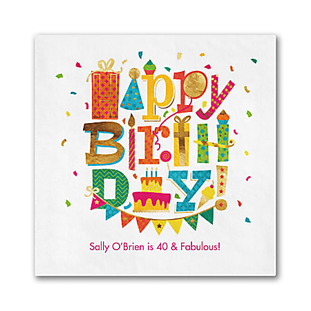 Custom Full-Color Printed Beverage Napkins, 4-3/4" x 4-3/4", Festive Birthday, Box Of 100 Napkins