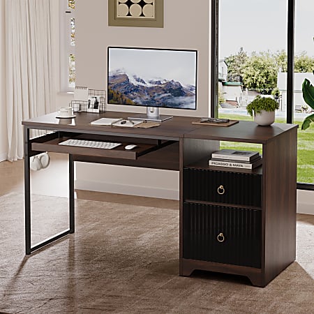 Bestier 56"W Writing Desk With Storage Drawer And Keyboard Tray, Walnut