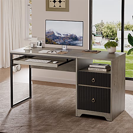 Bestier 56"W Writing Desk With Storage Drawer And Keyboard Tray, Gray