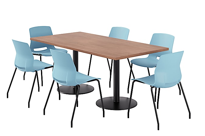 KFI Studios Proof Rectangle Pedestal Table With Imme Chairs, 31-3/4”H x 72”W x 36”D, River Cherry Top/Black Base/Sky Blue Chairs