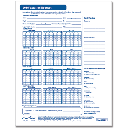 ComplyRight 2016 Vacation Request Forms, 8 1/2" x 11", Pack Of 50