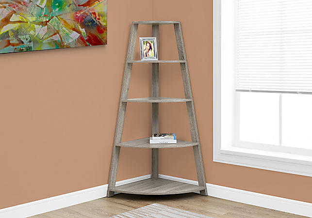 Monarch Specialties 60"H 4-Shelf Etagere Corner Bookcase, Dark Taupe