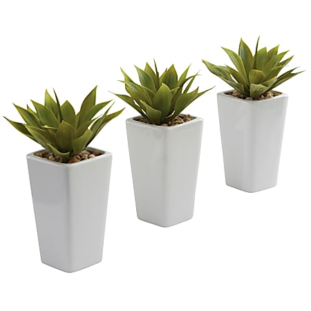 Nearly Natural Agave 9”H Artificial Mini Plants With Planter, 9”H x 5”W x 5”D, Green, Set Of 3