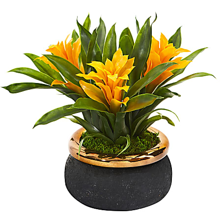 Nearly Natural Bromeliad 11”H Artificial Plant With Stoneware Planter, 11”H x 15”W x 15”D, Yellow/Black