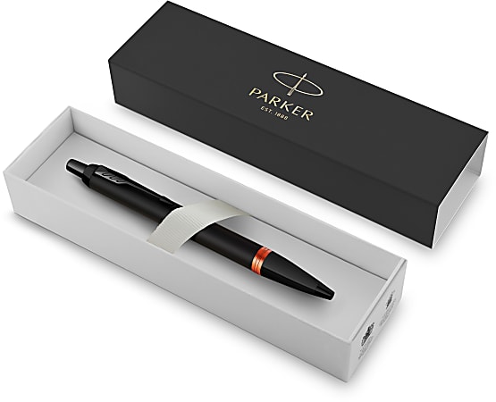 Parker IM Ballpoint Pen, Medium Point, 0.7 mm, Satin Black/Flame Orange Barrel, Blue Ink