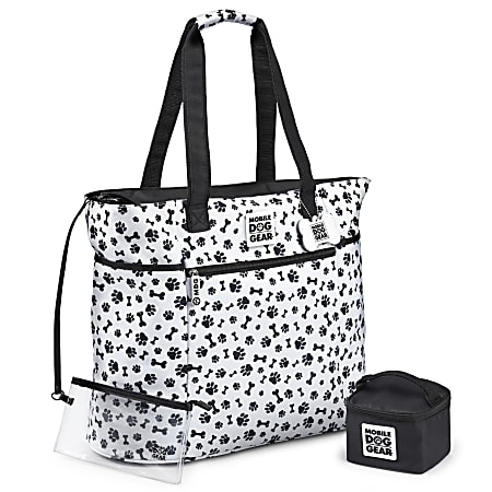 Mobile Dog Gear Dogssentials Polyester Tote Bag, 16"H x 8-3/4"W x 19-1/2"D, White/Black Paw Print
