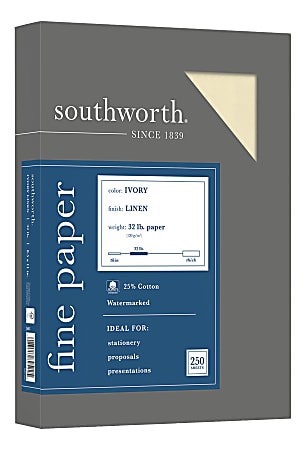Southworth® 25% Cotton Linen Business Paper, 8 1/2" x 11", 32 Lb, 55% Recycled, FSC® Certified, Ivory, Box Of 250