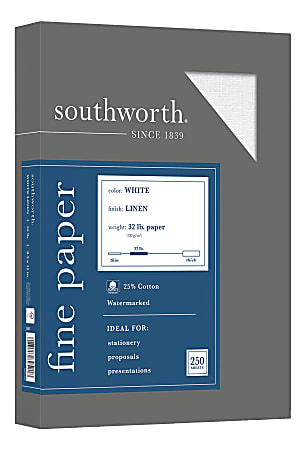 Southworth® 25% Cotton Linen Business Paper, 8 1/2" x 11", 32 Lb, 55% Recycled, FSC® Certified, White, Box Of 250