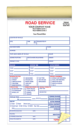 Custom Pre-Formatted 2-Part Business Forms, Road Service Book, 5 1/2" x 8 1/2", White/Canary, 50 Sets Per Book, Box Of 10 Books