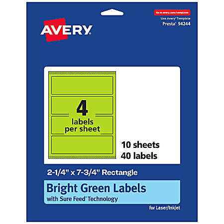 Avery® Print-To-The-Edge Labels With Sure Feed® Technology, 94244-BGP10, Rectangle, 2-1/4" x 7-3/4", Matte Bright Green, Pack of 40