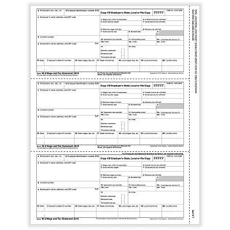 ComplyRight™ W-2 Tax Forms, Inkjet/Laser, Employer Copy 1 And D, 3-Up, 8-1/2" x 11", Pack Of 50 Forms