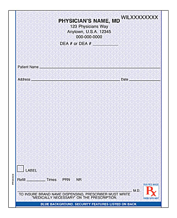 Custom Vertical Prescription Pads, Blue, 1 Part, 4-1/4 x 5-1/2", 100 Sheets Per Pad, Pack of 4 Pads