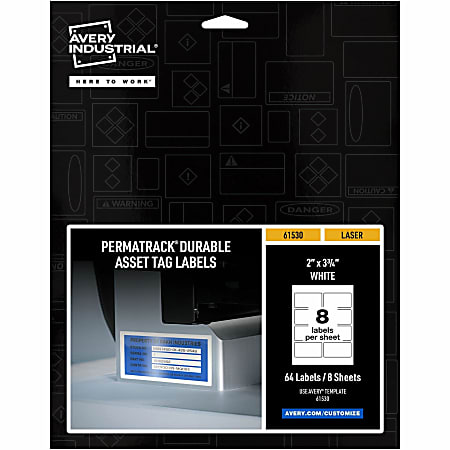 Avery® PermaTrack Durable White Asset Tag Labels, 2" x 3-3/4" , 64 Asset Tags - 2" Width x 3 3/4" Length - Permanent Adhesive - Rectangle - Laser - White - Film - 8 / Sheet - 8 Total Sheets - 64 Total Label(s) - 5 - Water Resistant