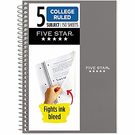 Mead College Ruled Notebook - 5 Subject(s) - 150 Sheets - Spiral - Ruled Margin - 6" x 9 1/2" Sheet Size - Assorted Plastic Cover