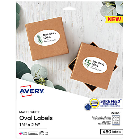 Avery® Printable Blank ID Labels, 22564, Oval, 1.5" x 2.5", White, Pack Of 450 Labels