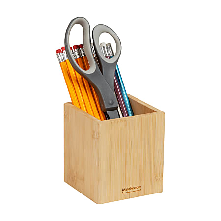 Mind Reader Pen Cup, Desktop Organization, Bamboo, 3-1/2"L x 3-1/2"W x 3-22/25"H, Brown