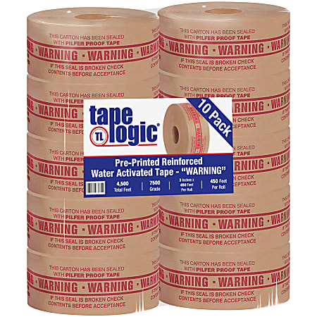Tape Logic® Preprinted Reinforced Water-Activated Tape, Warning, 3" Core, 3" x 150 Yd., Kraft, Case Of 10
