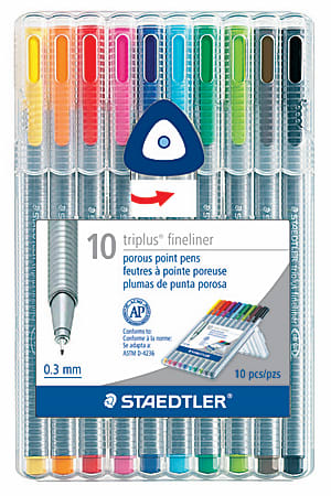 Staedtler® Triplus Fineliner Porous Point Pens, Fine Point, 0.3 mm, Gray Barrel, Assorted Ink Colors, Pack Of 10