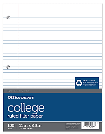 Office Depot® Brand College-Ruled Notebook Filler Paper, 3-Hole Punched, 11" x 8 1/2", 100 Sheets