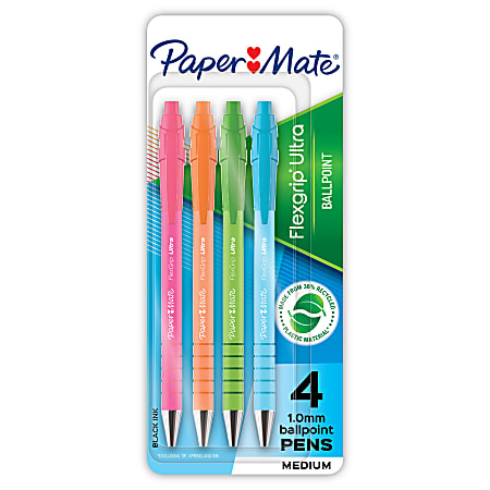 Paper Mate FlexGrip Ultra Retractable Ballpoint Pens, Medium Point, 1.0 mm, 36% Recycled, Assorted Barrel Colors, Black Ink, Pack Of 4 Pens