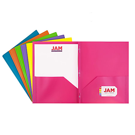 JAM Paper® Plastic 2-Pocket POP Folders With Prongs, Letter Size, 9-1/2" x 11-1/2", Assorted Fashion Colors, Pack Of 6 Folders