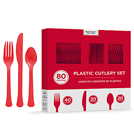 Amscan 8016 Solid Heavyweight Plastic Cutlery Assortments, Apple Red, 80 Pieces Per Pack, Set Of 2 Packs