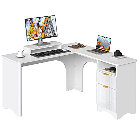 Bestier 56"W Modern L-Shaped Corner Computer Desk With Filing Drawer, White