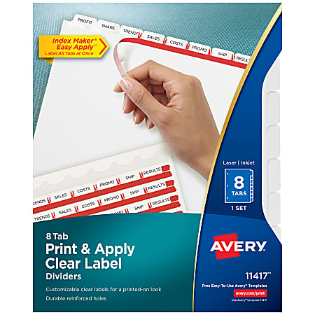 Avery® Customizable Index Maker® Dividers For 3 Ring Binder, Easy Print & Apply Clear Label Strip, 8 Tab, White, 1 Set