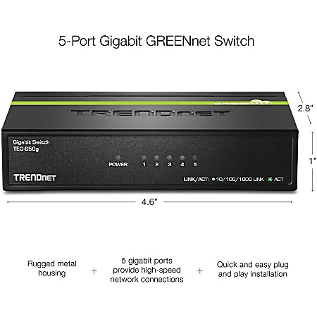 Trendnet® TEG-S50g GreenNet 5-Port 10/100/1000Mbps Gigabit Ethernet Switch