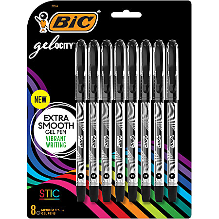 BIC® Gel-ocity Stic Gel Pens, Medium Point, 0.7 mm, Clear Barrel, Black Ink, Pack of 8 Pens