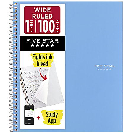 Five Star® Spiral Notebook Plus Study App, 1 Subject, Wide Ruled, 8" x 10 1/2", Sky Blue