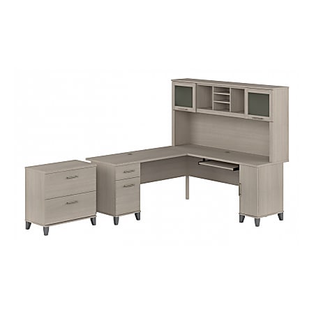 Bush Furniture Somerset 72"W L-Shaped Desk With Hutch And Lateral File Cabinet, Sand Oak, Standard Delivery