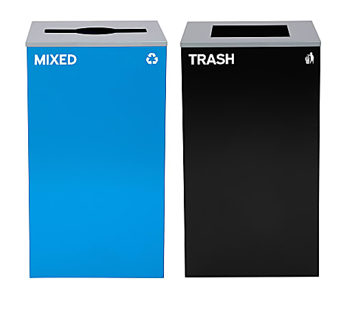 Alpine Industries Stainless-Steel Open Top Mixed Recycling And Trash Can Set With Square And Mixed Lids, 29 Gallons, 30”H x 16-15/16”W x 16-15/16”D, Black/Blue, Set Of 2 Trash Cans