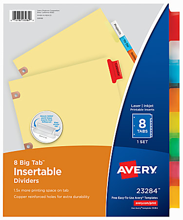 Avery® Big Tab™ Insertable Dividers, Copper Reinforced, Buff/Multicolor, 8 1/2" x 11", 8-Tab