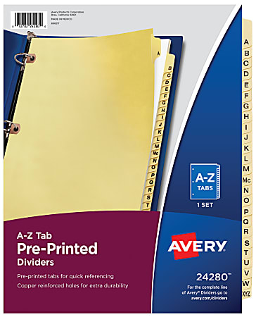 Avery® Preprinted Laminated Tab Dividers, Copper Reinforced Holes, A-Z Tabs, 8 1/2" x 11"