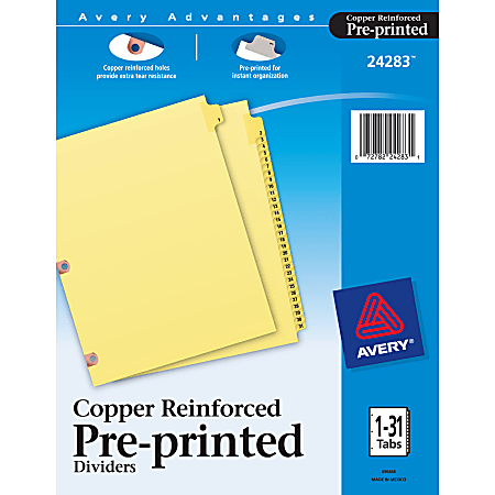 Avery® Preprinted Laminated Copper-Reinforced Tab Dividers, 1-31