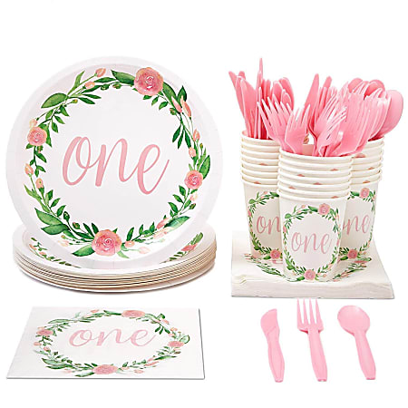Juvale Disposable Dinnerware Set - Serves 24-1st Birthday Party Supplies For Kids Birthdays, Floral Design - Includes Plastic Knives, Spoons, Forks, Paper Plates, Napkins, Cups