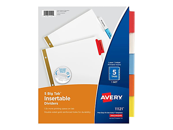 Avery® Big Tab™ Insertable Dividers Gold Reinforced Edge, White/Multicolor, 5-Tab