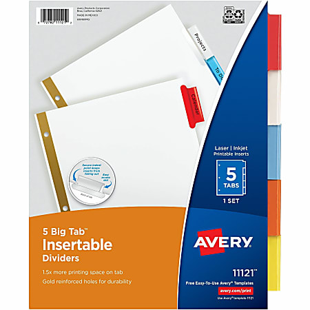 Avery® Big Tab™ Insertable Dividers Gold Reinforced Edge, White/Multicolor, 5-Tab