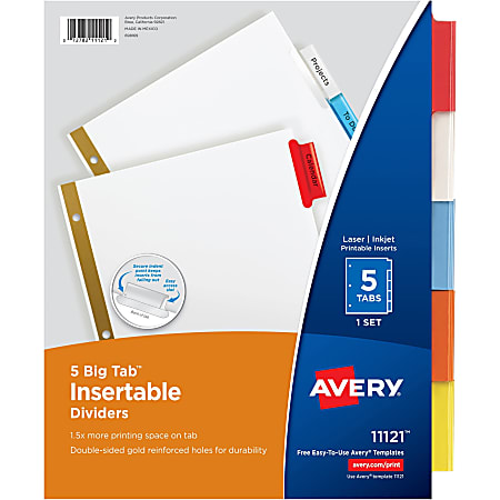 Avery® Big Tab™ Insertable Dividers Gold Reinforced Edge, White/Multicolor, 5-Tab