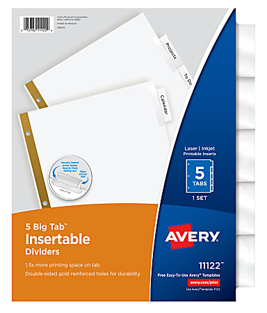 Avery® Big Tab™ Insertable Dividers Gold Reinforced Edge, White/Clear, 5-Tab