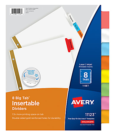 Avery® Big Tab™ Insertable Dividers, Gold Reinforced, White/Multicolor, 8-Tab