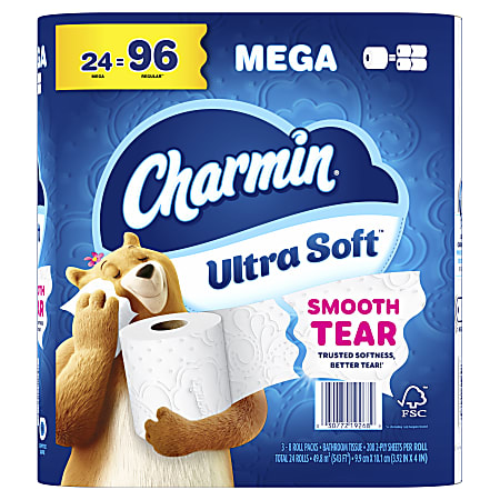 Charmin Ultra Soft 2-Ply Toilet Paper, 4" x 4", 208 Sheets Per Roll, Pack Of 24 Mega Rolls